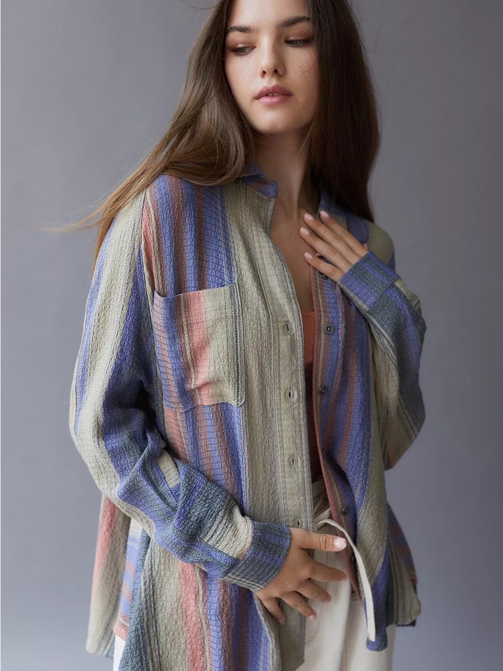 BDG Oversized Striped Button-Down Shirt in Blue, Green, Pink - Picture 2 of 10
